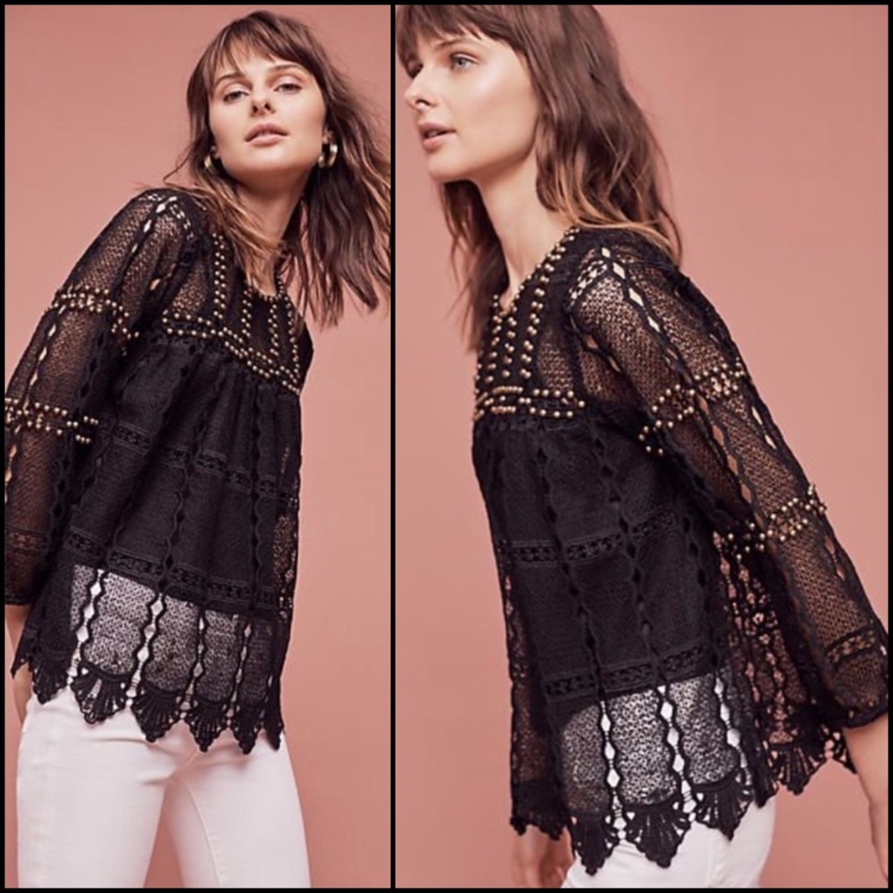 Anthro Maeve Black Crochet Lace Bronze Stud Embellished Blouse